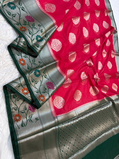 Red & Bottle green  shade georgette Banarasi saree