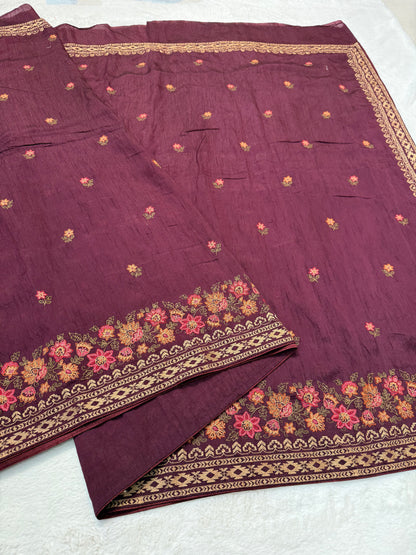 Wine shade viscose embroidery premium designer saree