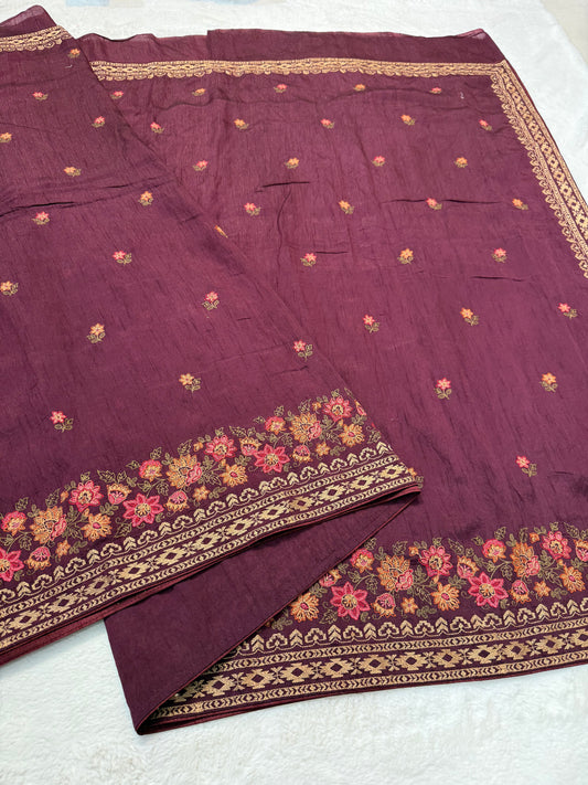 Wine shade viscose embroidery premium designer saree