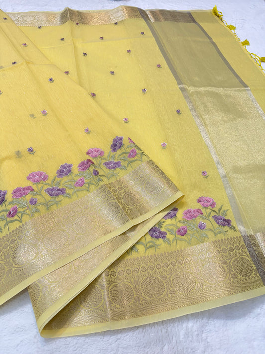 Yellow shade linen embroidery Banarasi saree