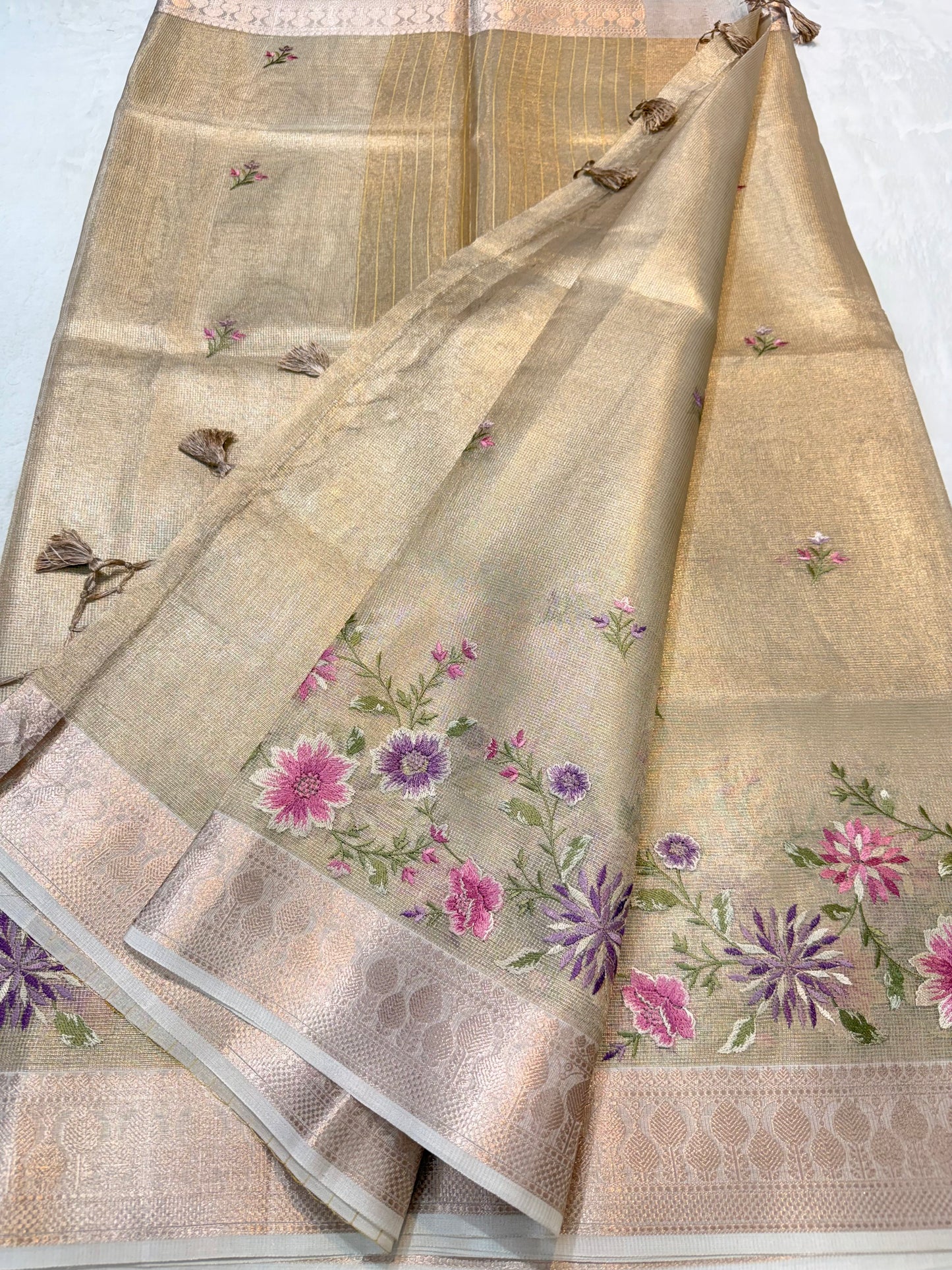 Beige shade tissue kota designer embroidery premium Banarasi saree
