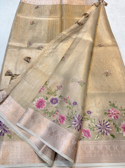 Beige shade tissue kota designer embroidery premium Banarasi saree