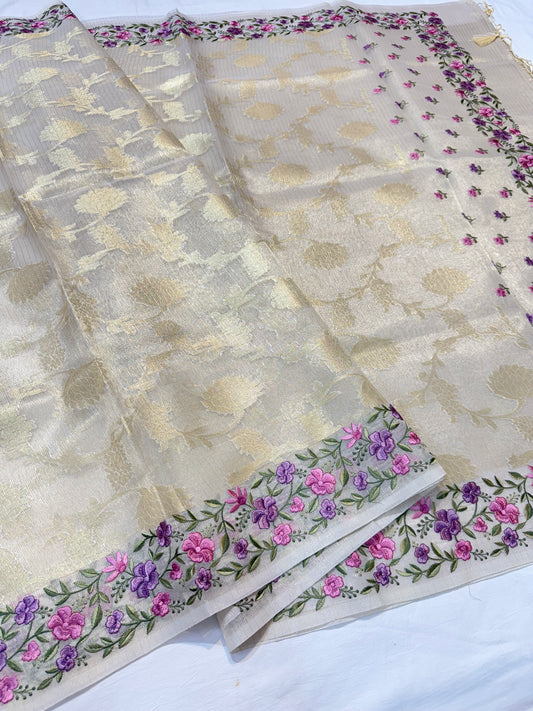 Off white shade tissue kota designer embroidery premium Banarasi saree