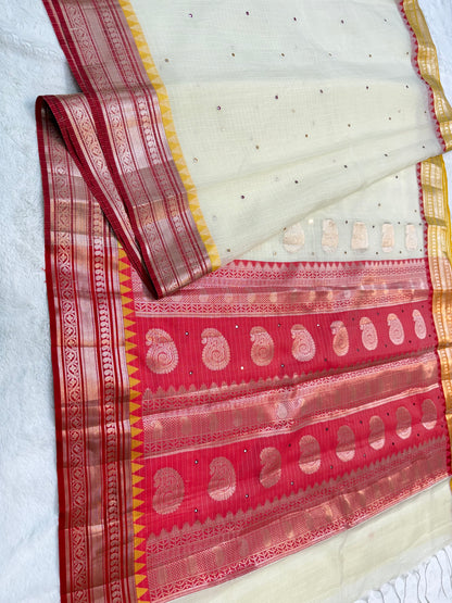 Off white mustard red shade kota mirror work premium Banarasi saree