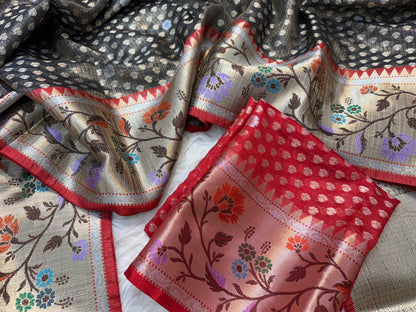 Black & red shade tissue kota premium paithani border banarasi saree