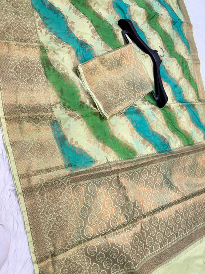multicolour Dupion silk hand brush print Banarasi saree
