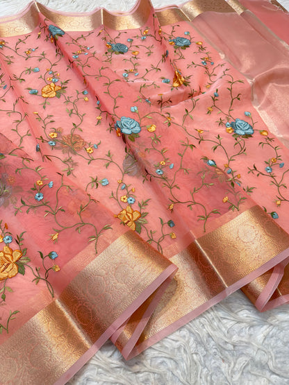 Peach  shade organza embroidery Banarasi saree