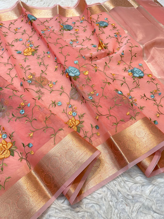Peach  shade organza embroidery Banarasi saree
