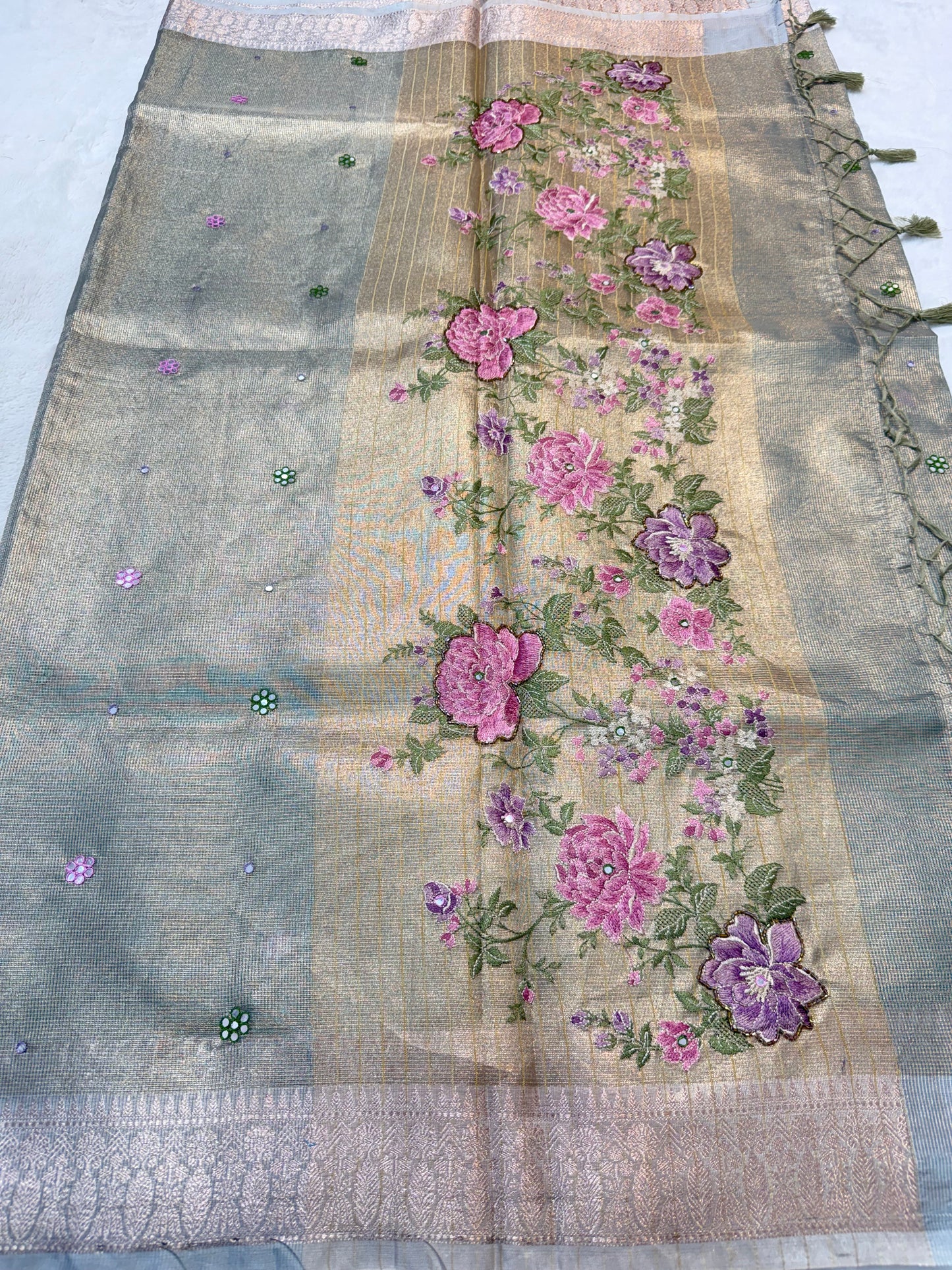Light slate blue shade kota tissue kota designer embroidery handwork premium Banarasi saree