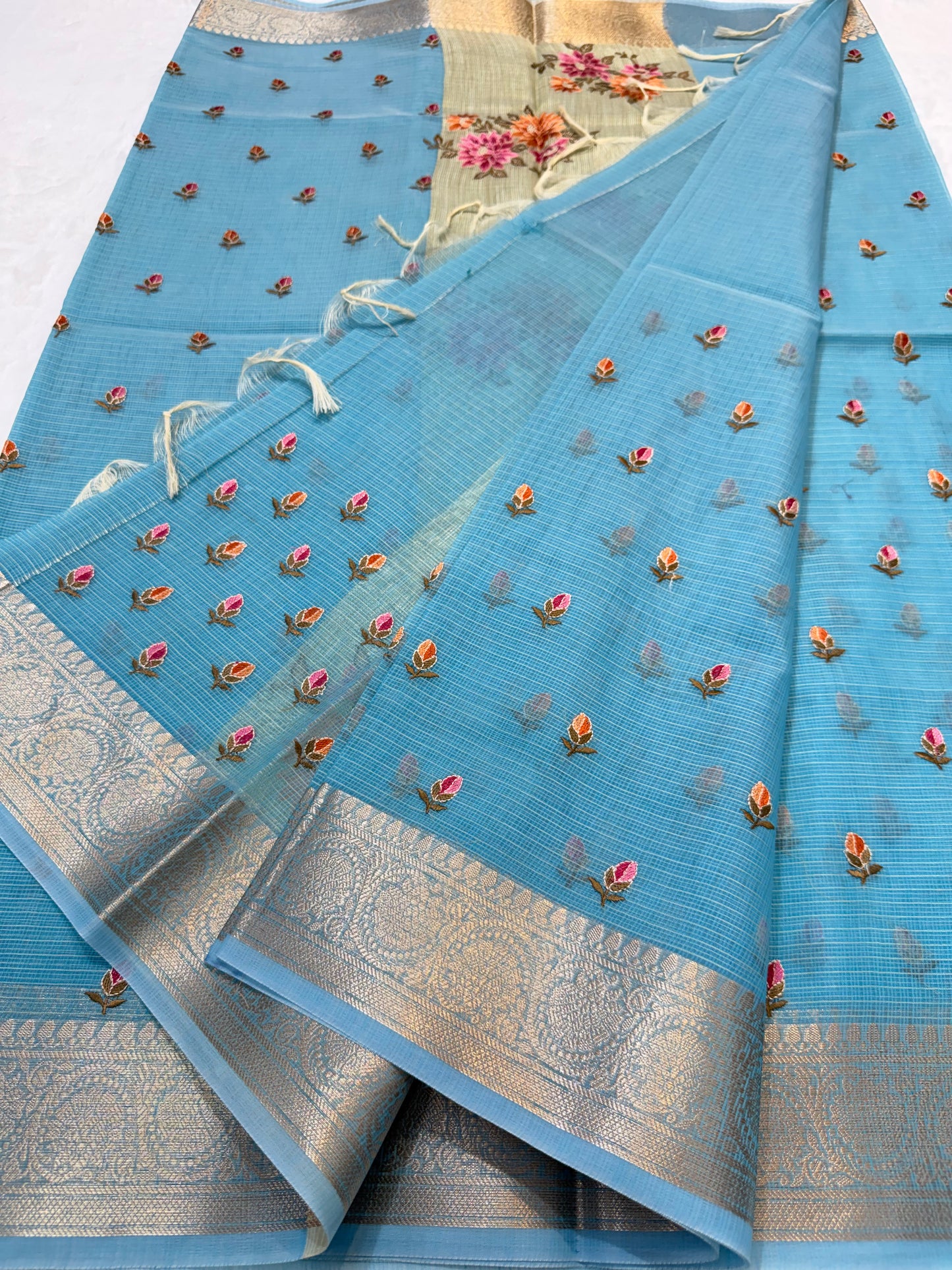 Sky blue shade cotton kota embroidery Banarasi saree