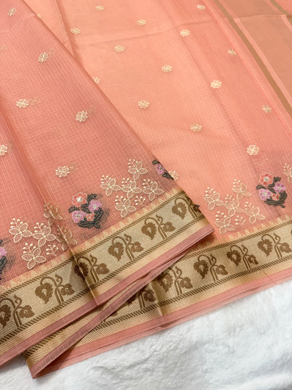Peach shade kota designer embroidery Banarasi saree