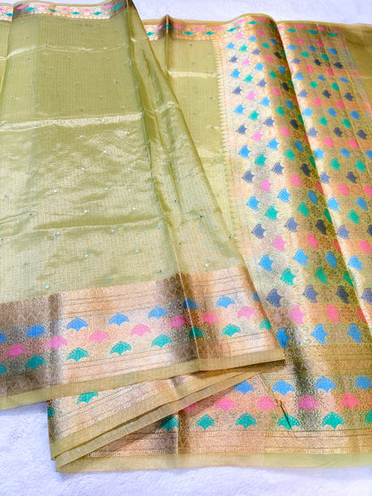 Pista green shade tissue kota mirror work premium Banarasi saree