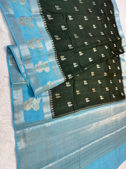 Mehandi & sea green shade raw mango Banarasi premium Banarasi saree