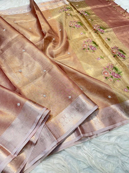 Rose gold shade kota tissue kota designer embroidery handwork premium Banarasi saree