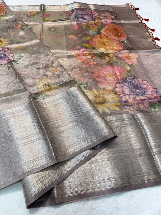 multicolour tissue silk digital print handwork premium Banarasi saree
