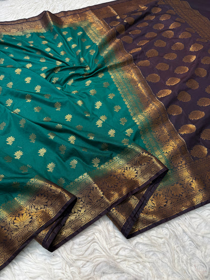 Bottle green wine shade Dupion Silk premium Banarasi Saree