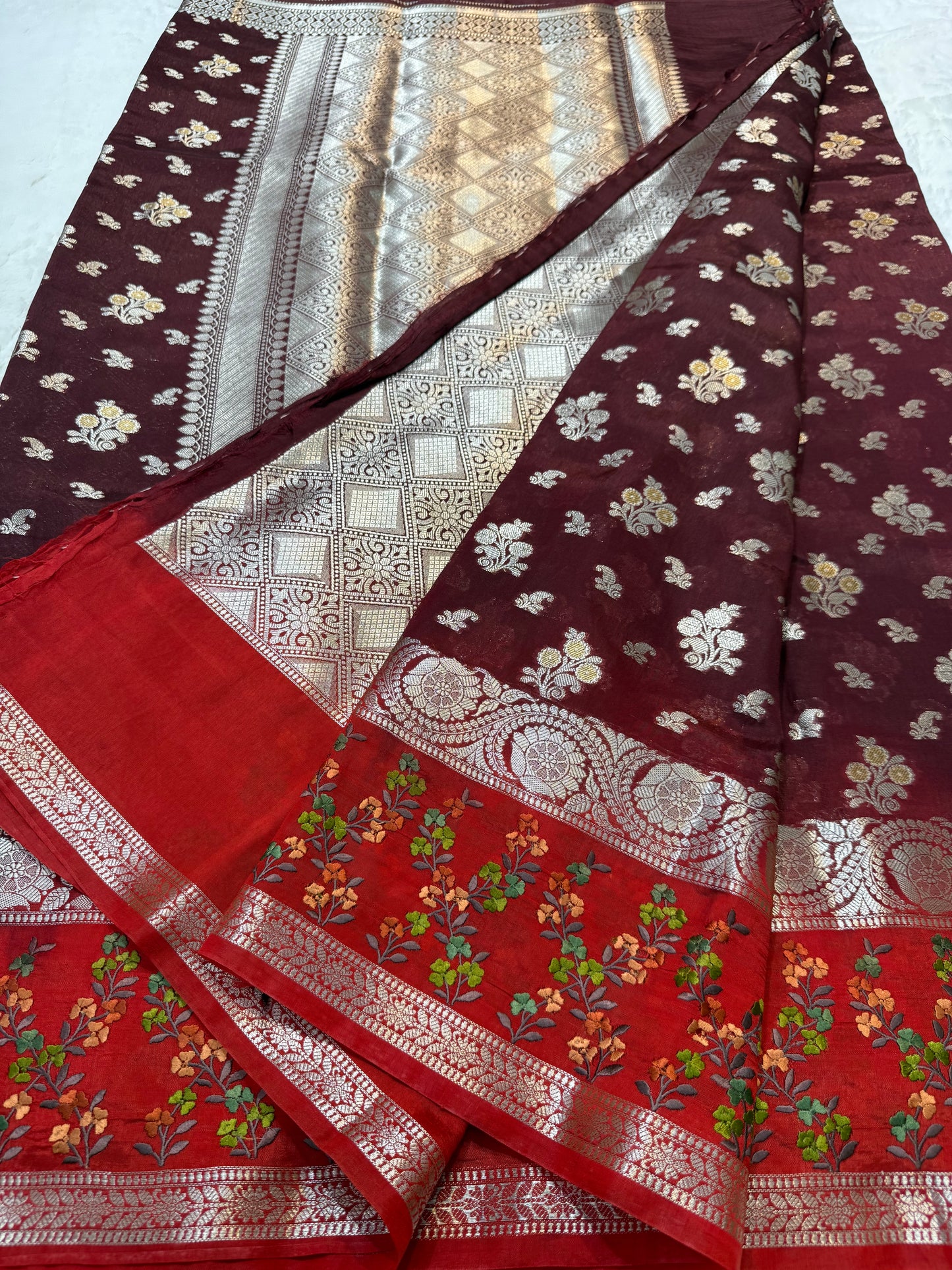 Wine & red shade raw mango premium embroidery Banarasi saree