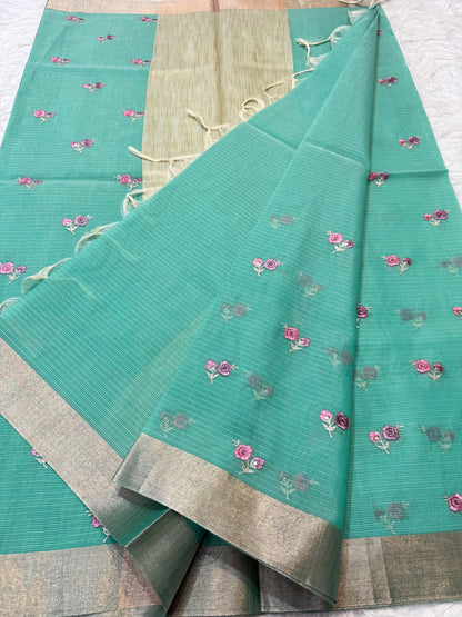 Sea green shade cotton kota embroidery Banarasi saree
