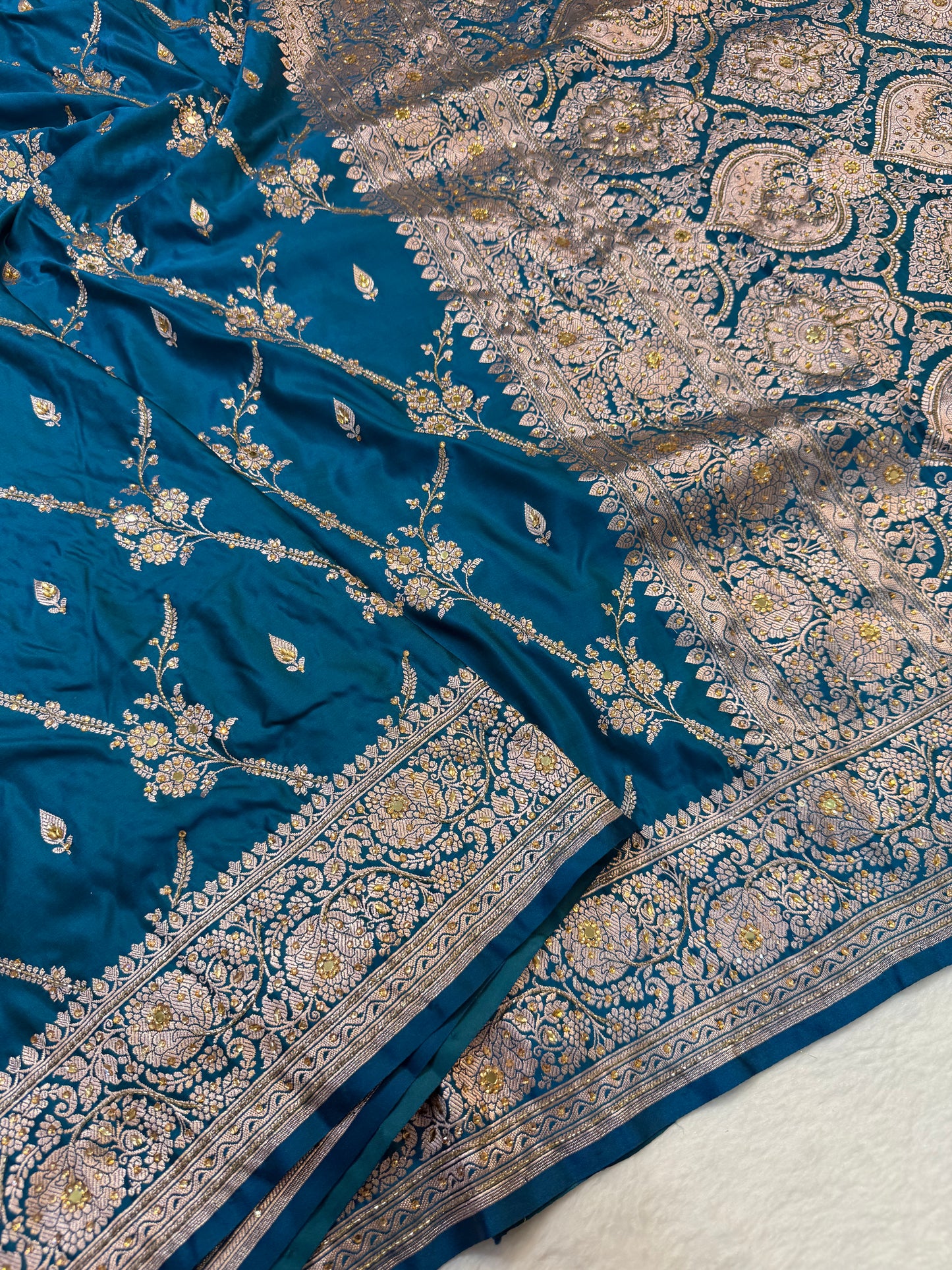 Dark ferozi shade Bridal Mashru ari & stone Silk Banarasi Saree