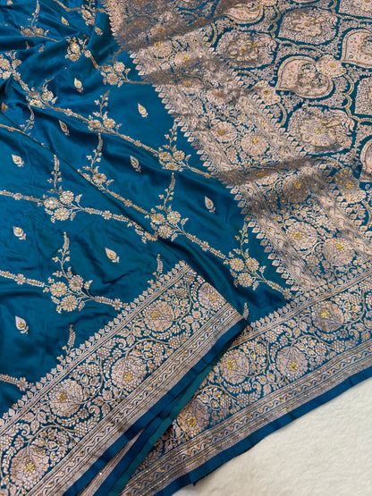 Dark ferozi shade Bridal Mashru ari & stone Silk Banarasi Saree