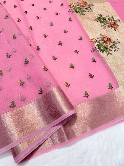 Pink shade cotton kota embroidery Banarasi saree