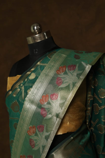 Bottle green shade kora organza Banarasi saree