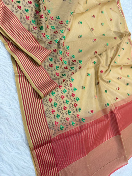 Beige red shade supernet embroidery  Banarasi saree