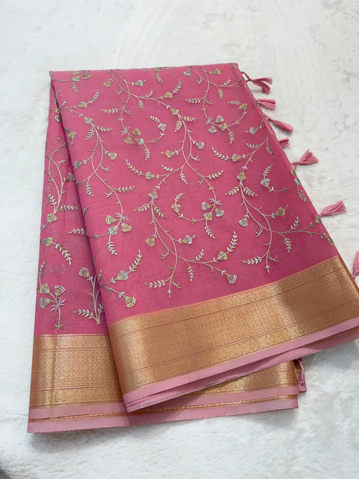 Pink shade organza designer premium embroidery Banarasi saree