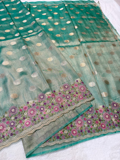 Sea green shade tissue cutwork embroidery premium designer Banarasi saree
