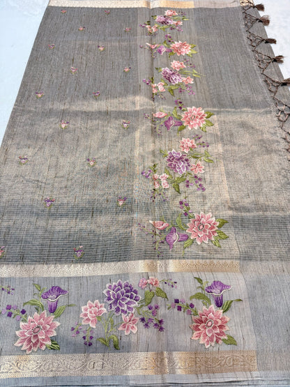 Greay shade tissue linen designer embroidery premium Banarasi saree