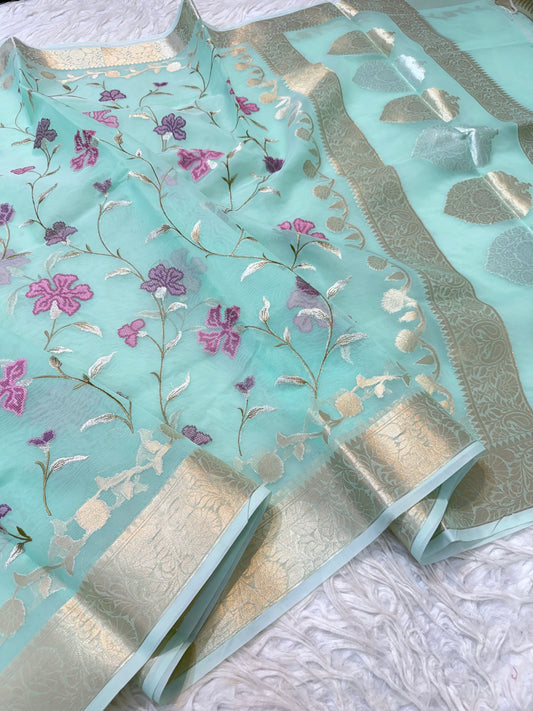 Turquoise shade  kora organza embroidery Banarasi saree