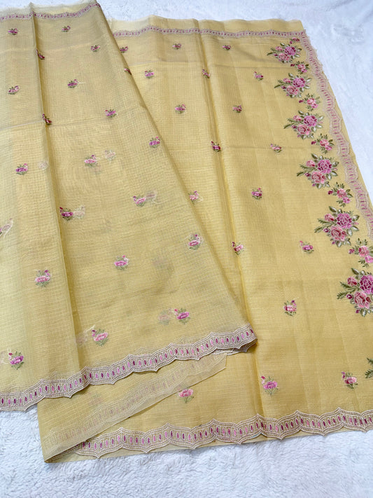 Beige shade cotton kota designer embroidery premium Banarasi saree