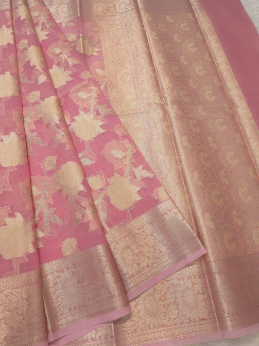 Pink shade kora organza Banarasi saree