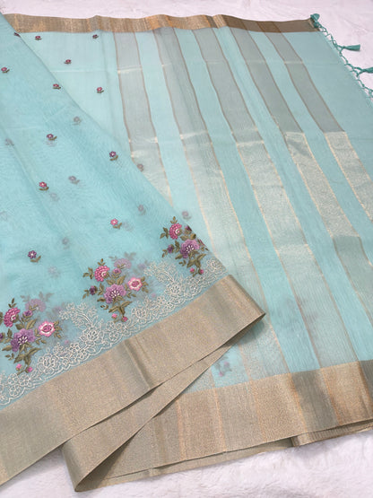 Turquoise shade linen embroidery Banarasi saree