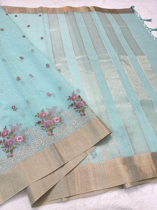 Turquoise shade linen embroidery Banarasi saree