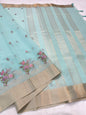 Turquoise shade linen embroidery Banarasi saree