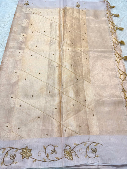 Off white shade tissue kota handwork premium Banarasi saree
