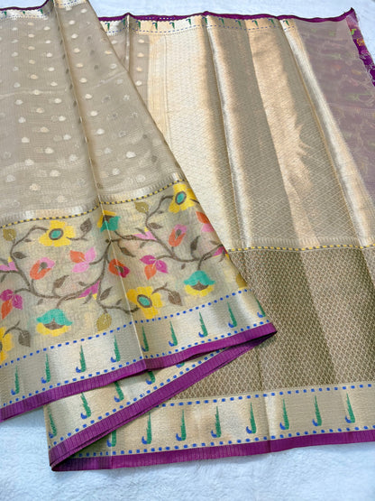 Beige& multicolour shade tissue kota premium paithani border designer banarasi saree