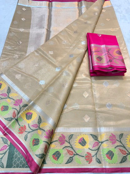 Gold & multicolour shade tissue kota premium paithani border designer banarasi saree