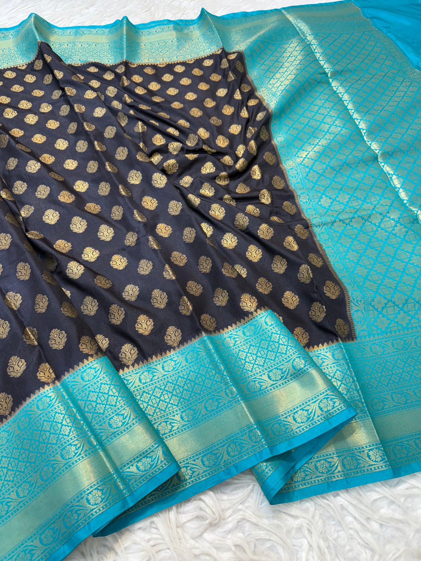 Black sea green shade Dupion Silk Banarasi Saree 