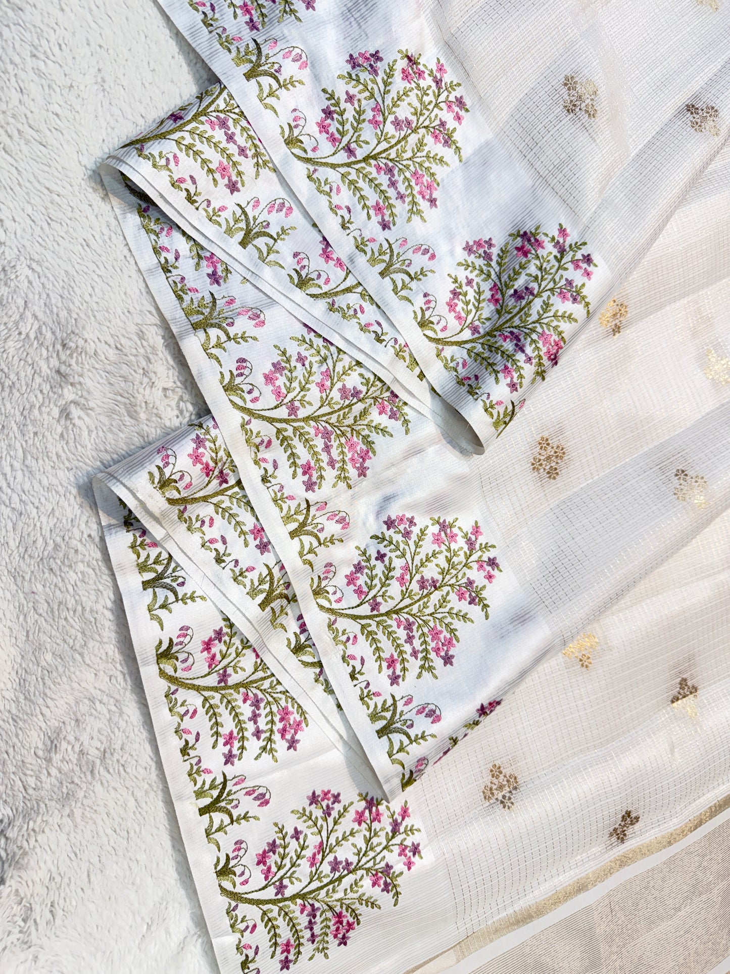 White shade soft cotton kota designer embroidery premium Banarasi saree