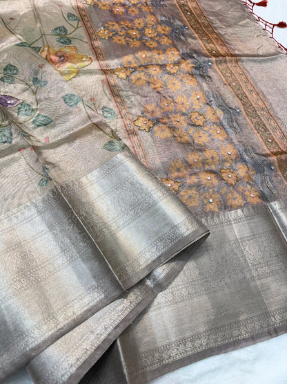 multicolour tissue silk digital print handwork premium Banarasi saree