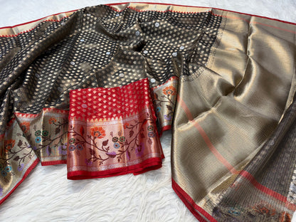 Black & red shade tissue kota premium paithani border banarasi saree