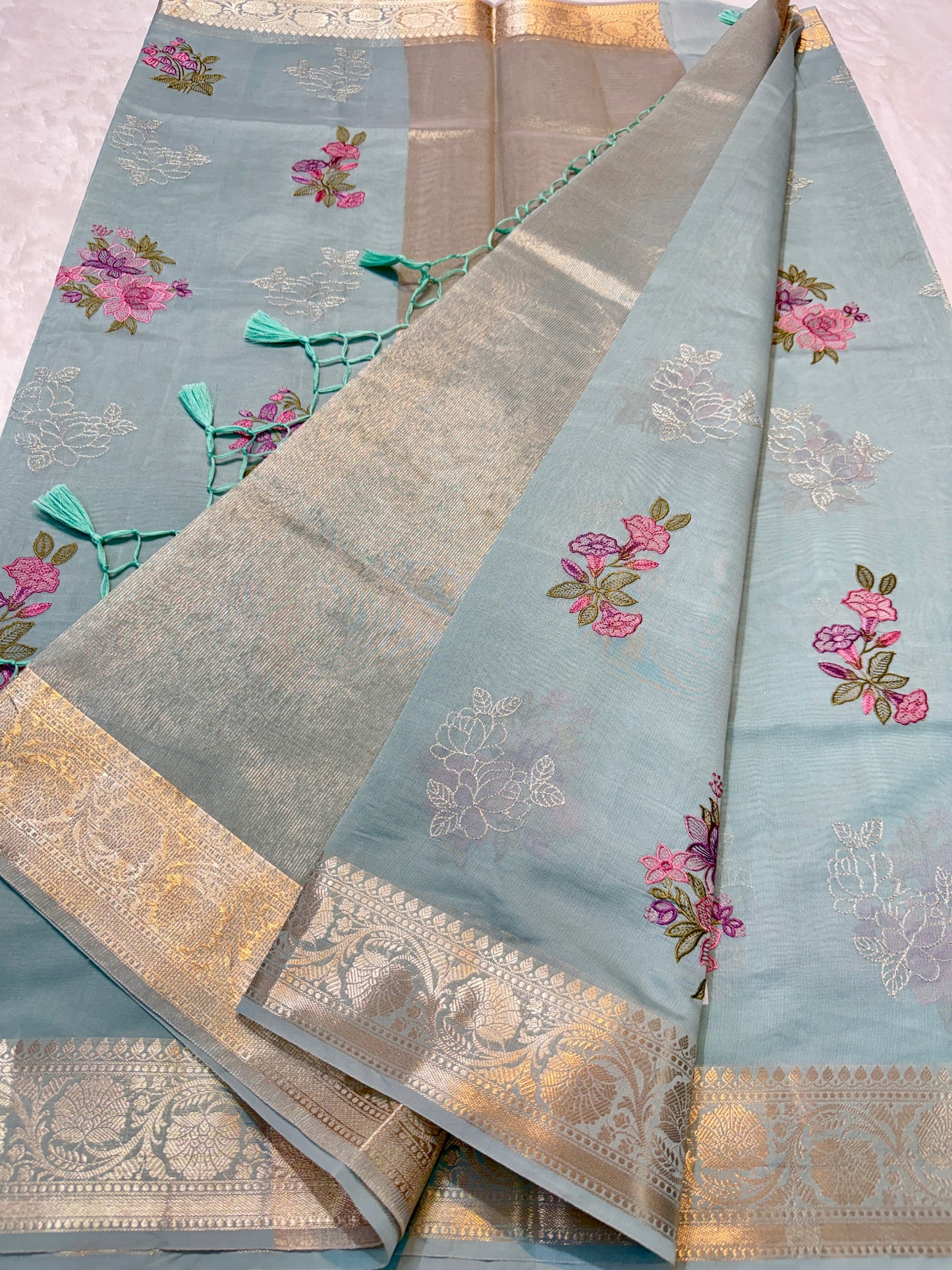 Firozi shade soft silk designer  premium embroidery Banarasi saree