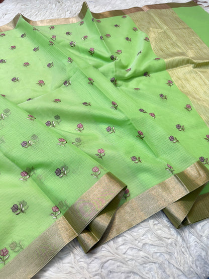 Pista green shade cotton kota embroidery Banarasi saree