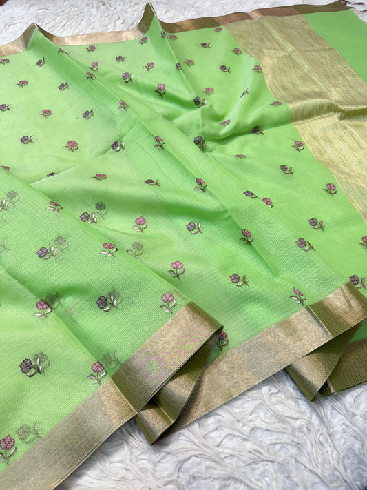 Pista green shade cotton kota embroidery Banarasi saree