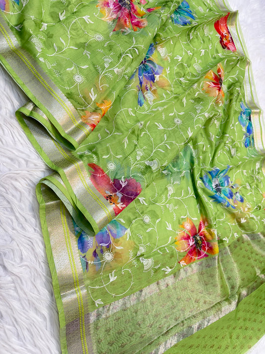 Pista green multi shade cotton embroidery digital print Banarasi saree