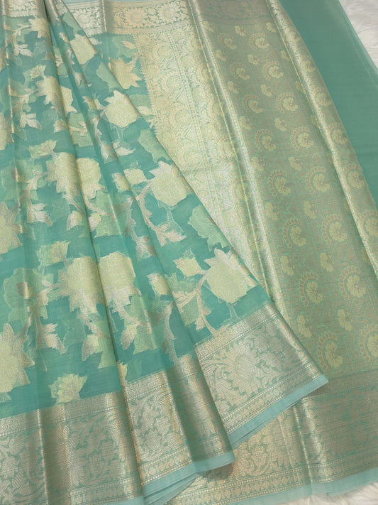 Sea green shade kora organza Banarasi saree