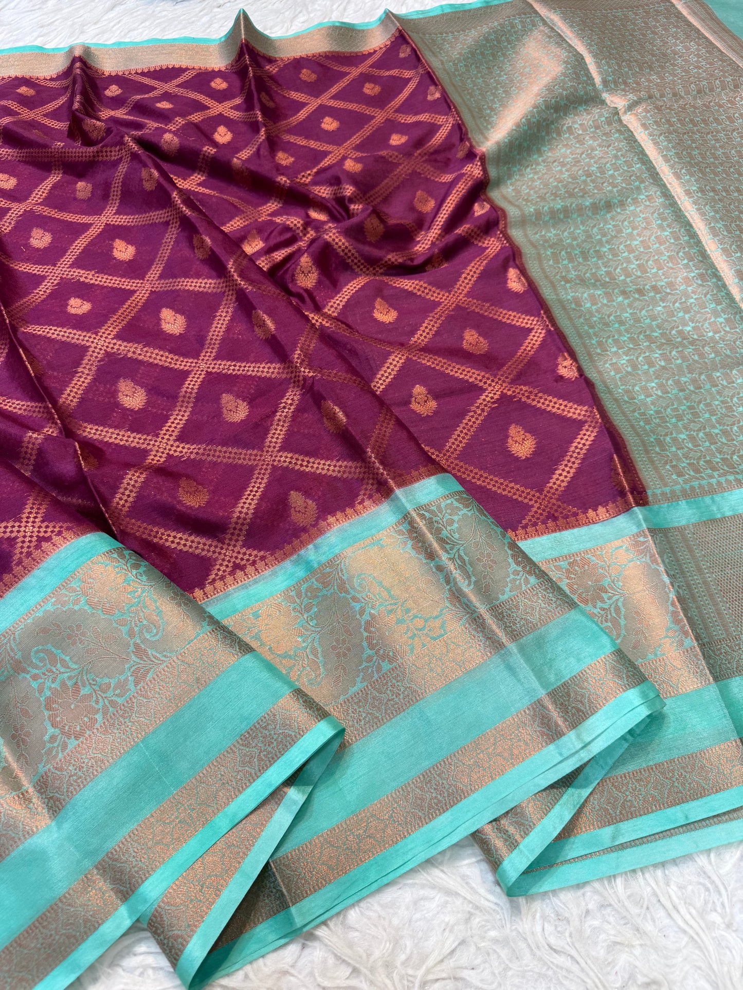 Wine turquoise warm silk premium Banarasi saree