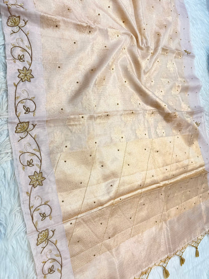 Off white shade tissue kota handwork premium Banarasi saree